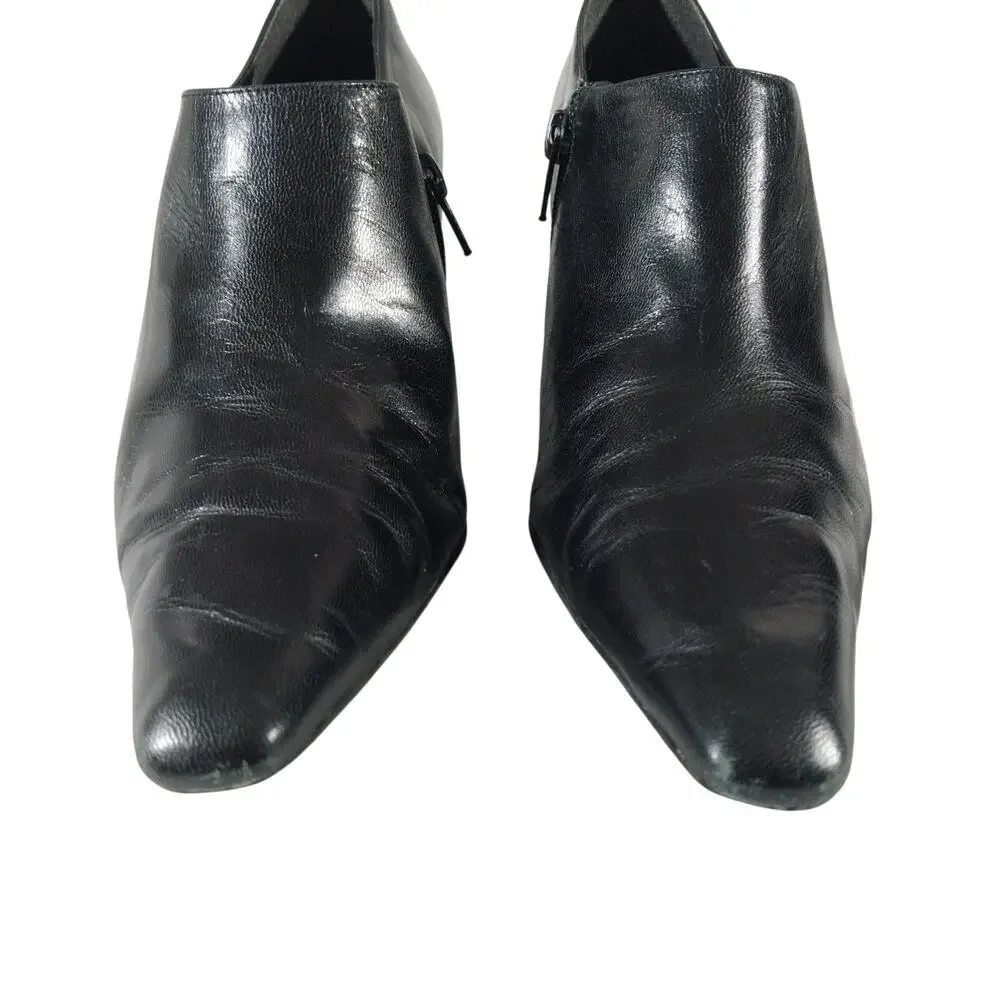 MICHELLE D.! BLACK GENUINE LEATHER POINTY TOE, RECTANGLE HEEL BOOTIES, HEELS! 5M